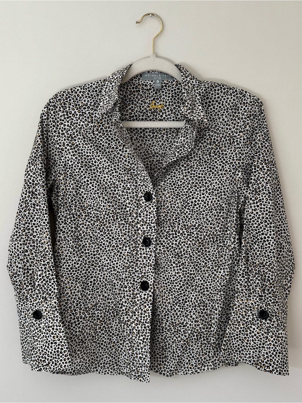 Foxcroft Wrinkle Free Cotton Button Down Top, Black / White / Yellow Leopard – 4